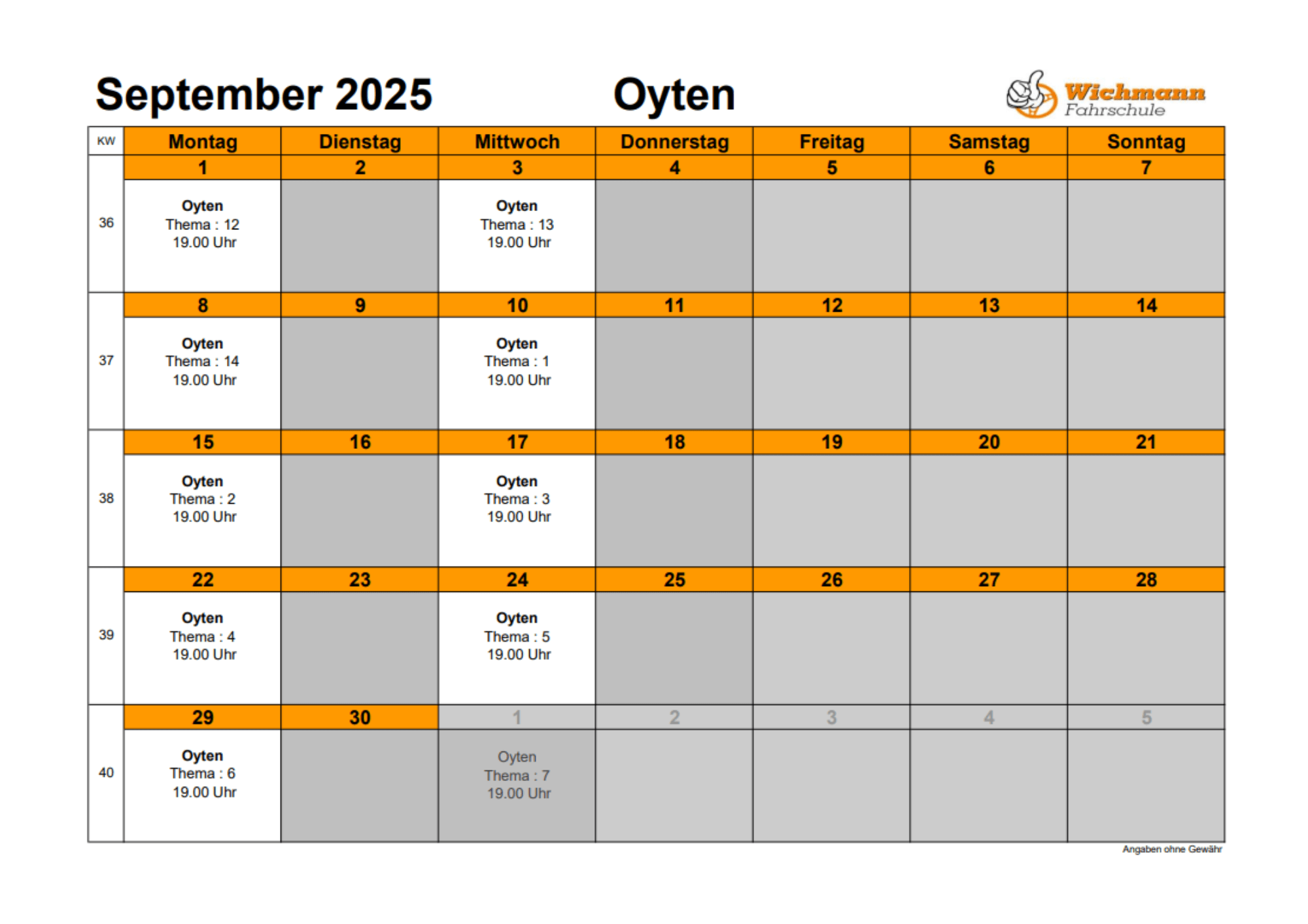 NEU Theorieplan Fahrschule September 2025 Oyten