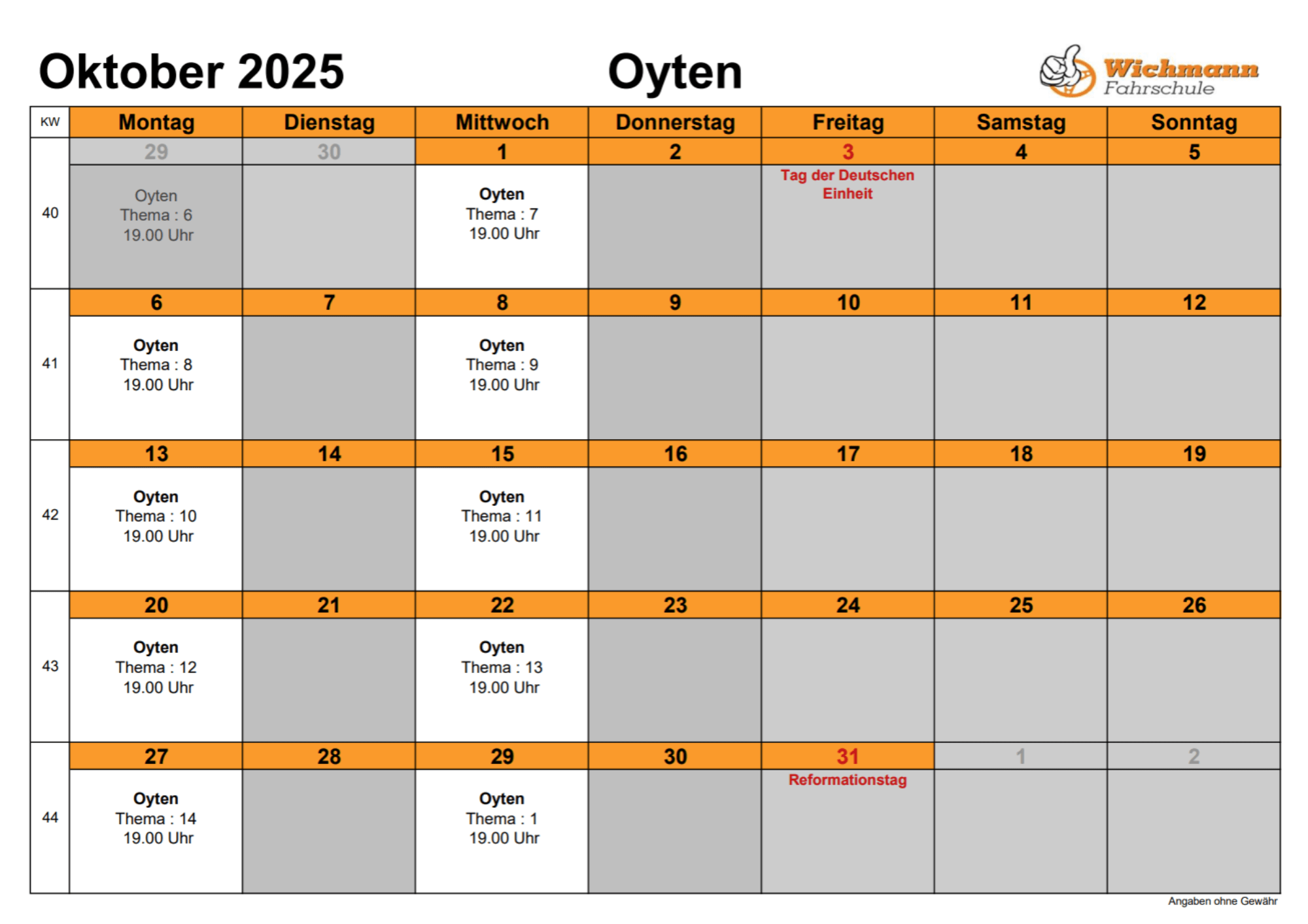 NEU Theorieplan Fahrschule Oktober 2025 Oyten