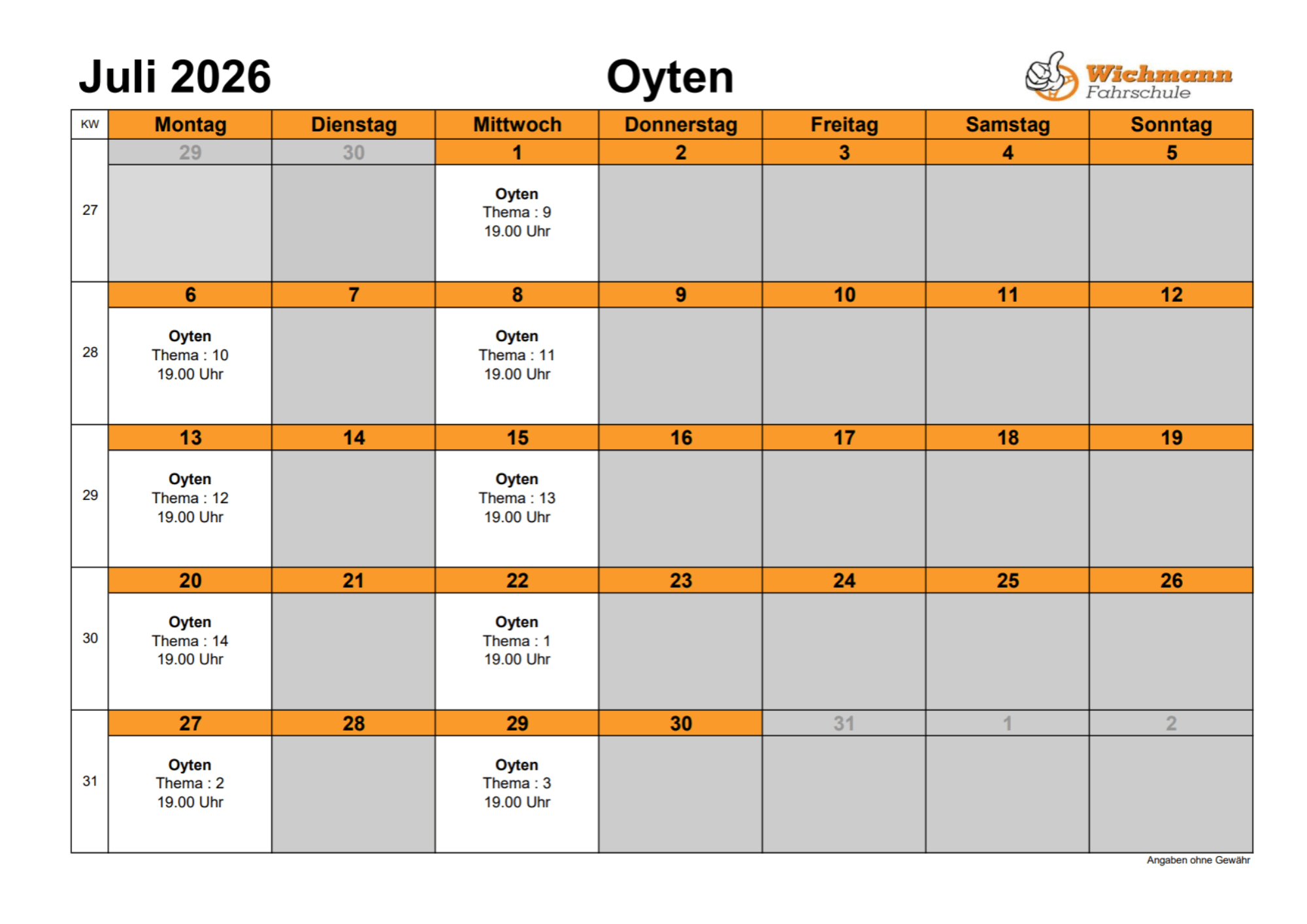 July 2026 calendar for Oyten Fahrschule showing evening classes (Thema) on select days at 19:00