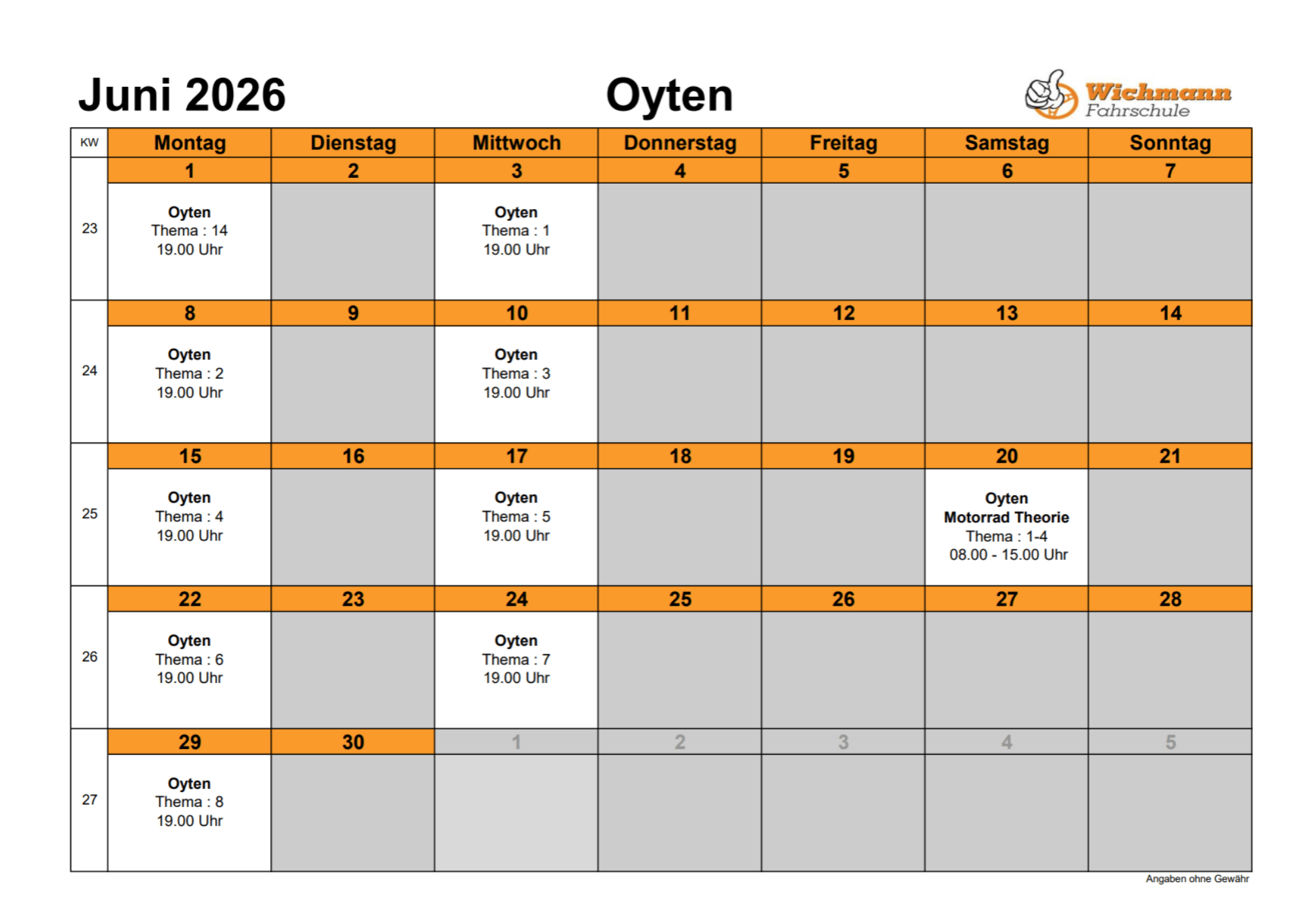 June 2026 Oyten Fahrschule calendar grid with orange weekday headers and grey off-days, listing events like 'Oyten Thema' at 19:00.