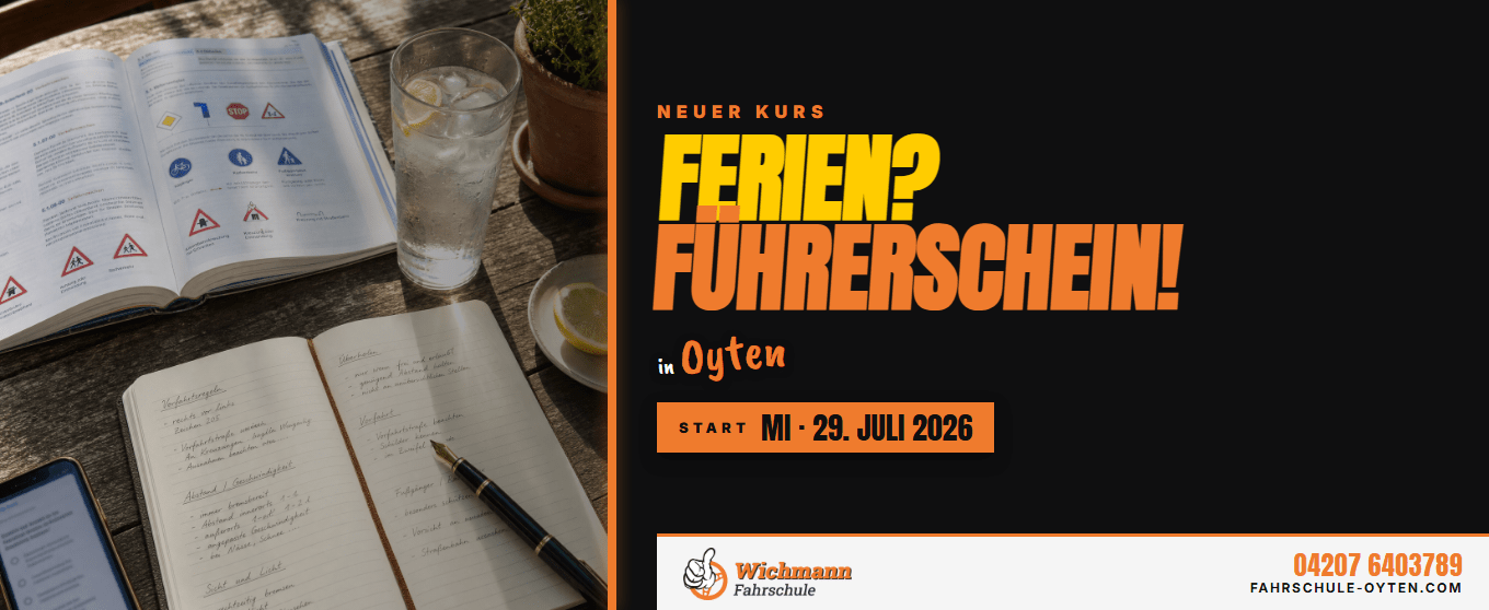 header-1360x558 Left: study materials and a glass on a wooden table; right: bold orange driving-license promo banner for Oyten with start date and logo on black background.
