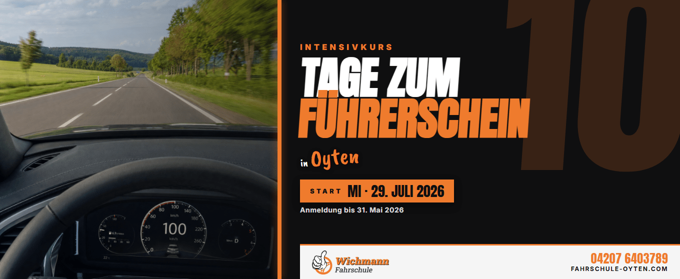 header-1360x558 Driver's perspective of the road ahead with a car dashboard visible in the foreground and a bold orange-black driving-course poster on the right.