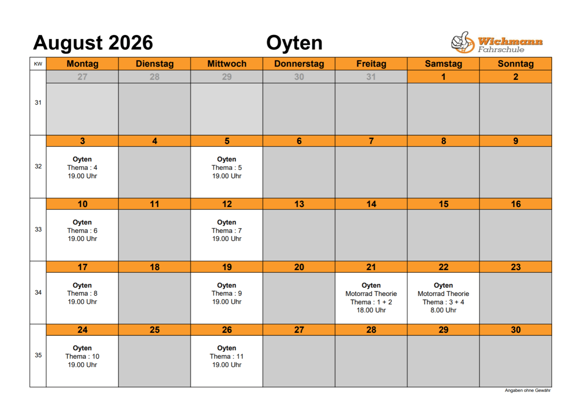 August 2026 calendar page for Oyten Fahrschule with orange header bars and grey/empty days; some days show 'Oyten' topics at 19:00.