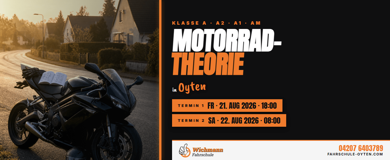 header-1360x558 Motorcycle on a residential street beside a bold orange-and-black poster advertising Motorrad-Theorie in Oyten with event dates listed on the right side.