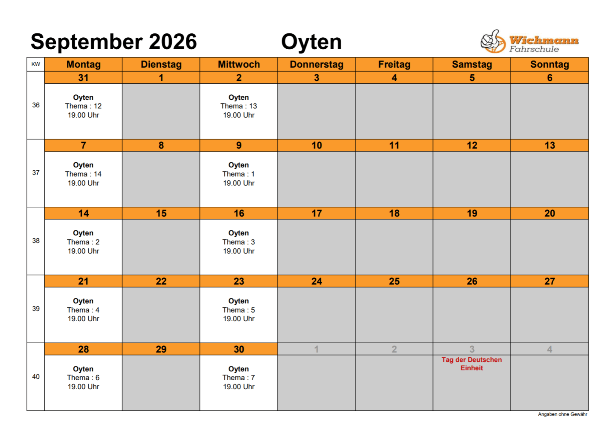 September 2026 Fahrstundenplan der Fahrschule Wichmann (Oyten): Wochenübersicht mit Terminen in weißen Zellen wie 'Oyten Thema: 12, 19.00 Uhr'; graue Zellen ohne Termine; orange Kopfzeile und Wochentage.