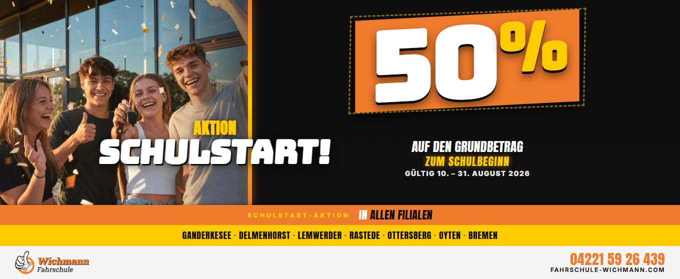 Group of smiling teenagers celebrating with confetti beside a school start promo banner saying 50% off and back-to-school message (German).